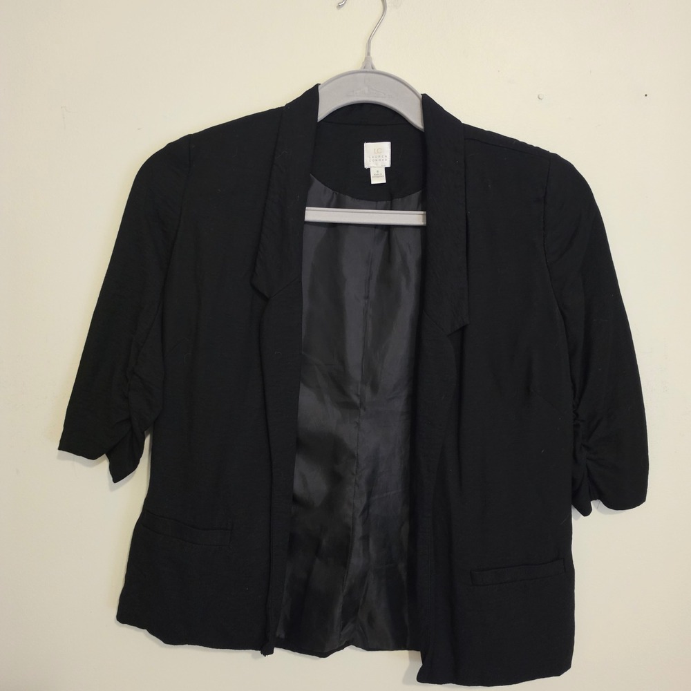 LC Lauren Conrad Blazer Womens 8 Black Ruched 3/4 Sleeve Open Front Textured